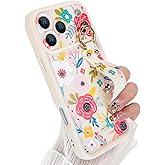Jefonha Compatible with iPhone 17 Pro Max Case with Finger Hand Wrist Strap for Girls Women, Cute Flowers Floral Phone Case with Wristband Kickstand, Durable Silicone Protective Cover, Blossom
