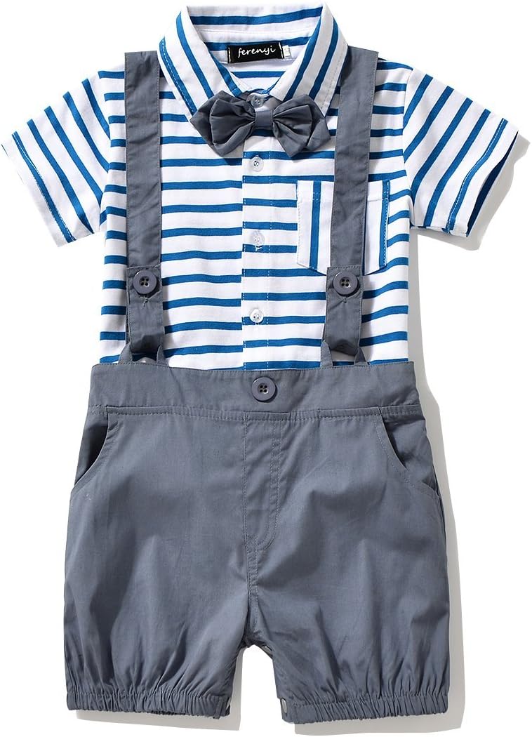 Baby Boy's Bowtie Gentleman Romper Jumpsuit Overalls Stripe Rompers Sets (0-6 months, blue)