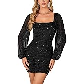 Rooscier Women's Glitter Mesh Long Sleeve Square Neck Ruched Bodycon Party Mini Dress