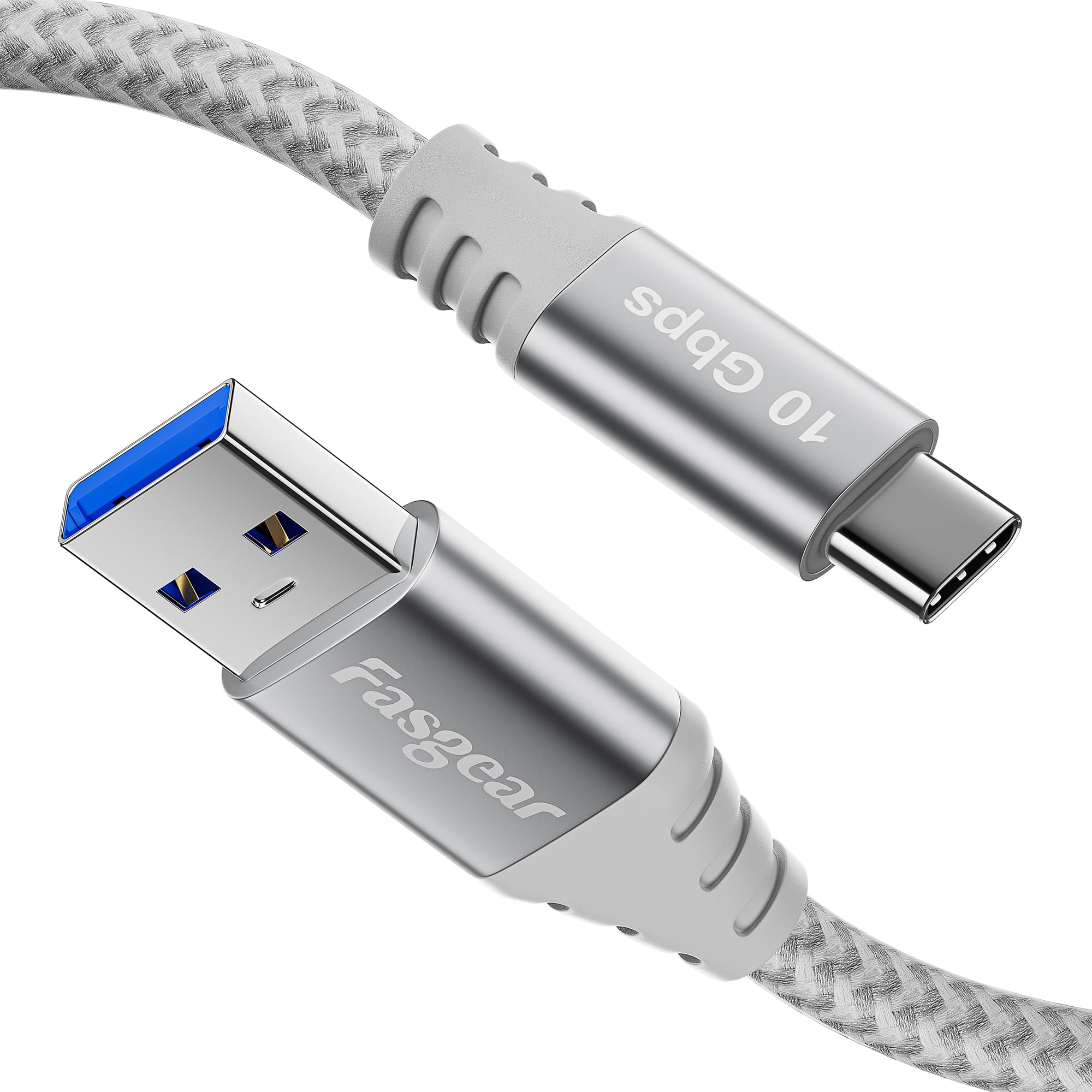 Fasgear USB C Cable 4.9ft - USB A to Type C 3.2 Gen 2 Cord Braided 10Gbps Android Auto Type C Data Cable 3A Fast Charge Compatible for USB-C Portable SSD Galaxy S24 PS5 Controller Switch (1.5m, Grey)
