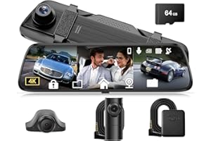 KOXAME 12" 4K Rear View Mirror Camera Smart Full Touch Screen Mirror Dash Cam, Front Rear and Interior Triple Recording, Reverse Assist, with Free 64GB Card, GPS, WiFi