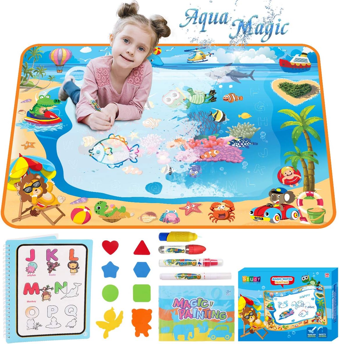 Aqua Magic Mat, Water Drawing Mat for Kids-Color Large Size Educational Learning Toys Gifts for Age 2,3,4,5,6 Year Old Girls Boys Toddlers