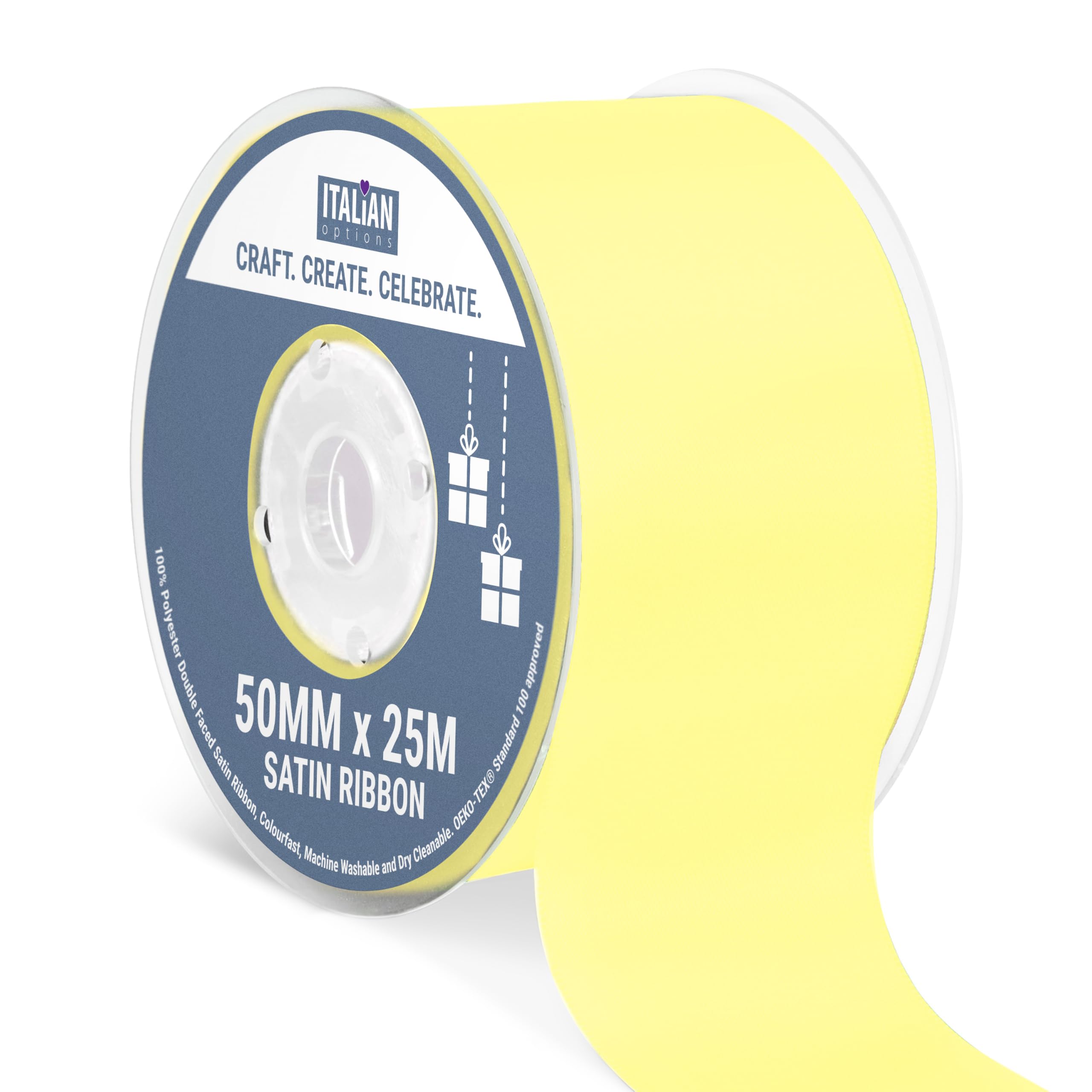 Italian Options Satin Ribbon, Fabric Ribbons for Gift Wrapping, Crafting, Balloons, Wedding Car, Presents, Cake, Christmas, Birthday, Gift Wrap Accessories, 50mm Wide x 25 Metre Roll, Lemon