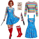 Women Killer Doll Halloween Costume Set 5PCS with Striped Top, Suspender Overall Dress, Socks, Knife &amp; Scar Tattoos, Adult Horror Cosplay Outfit Creepy Doll Aesthetic for Cosplay, Horror Parties