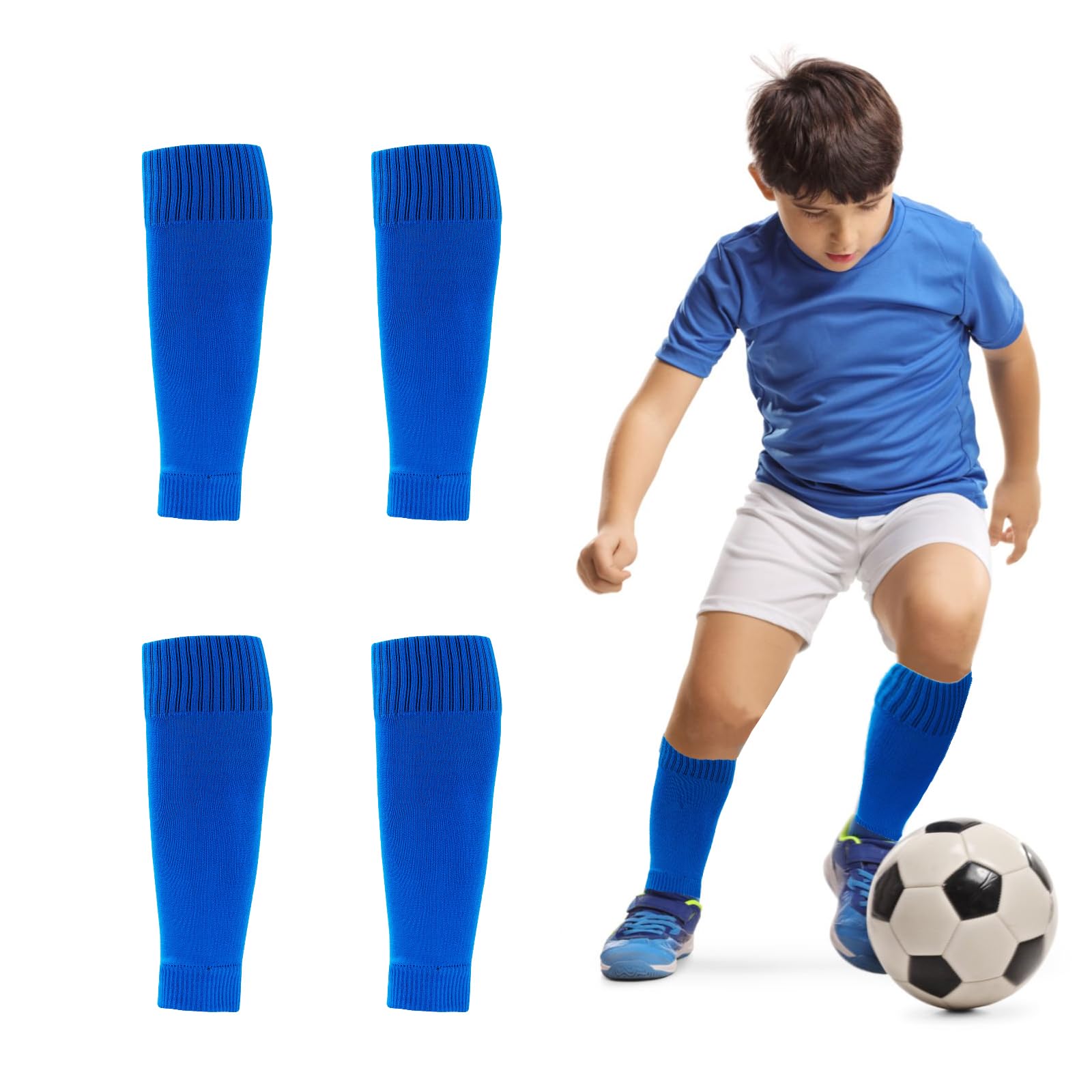 2 Pairs Football Sock Sleeves, Soccer Shin Guards Sleeves, Team Leg Sock Cut Socks for Football Games Beginner (Blue Kids)