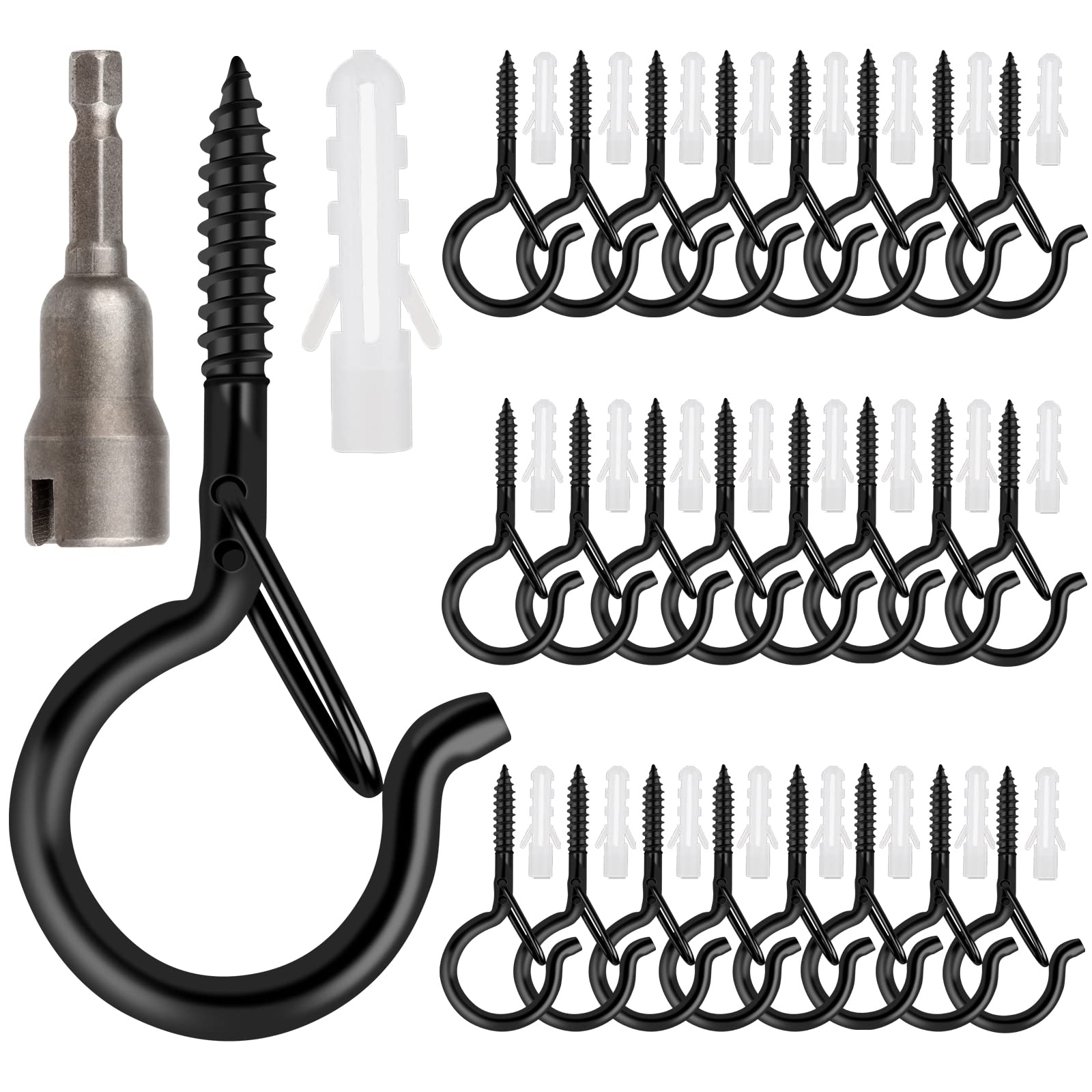 24 PCS Q-Hanger Hooks, Screw Hooks for Outdoor String Lights, Safety Buckle Design Cup Eye Hook for Hanging Christmas Lights, Plants, Wind Chimes, Mounted on Wall Ceiling, Include 1 Wing Nut Driver