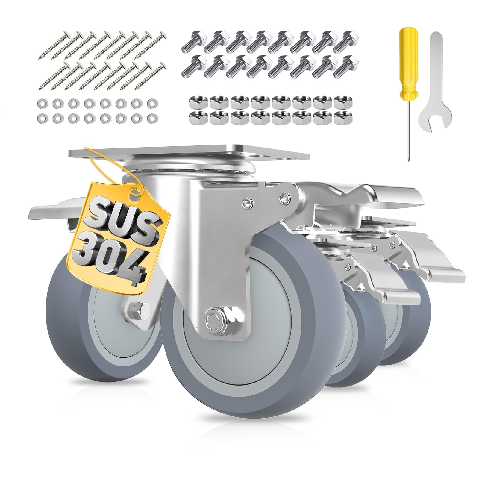 Photo 1 of 4 Inch Stainless Steel Caster Wheels with Brake, Heavy Duty 304 Casters Set of 4, Non-Marking TPR Quiet Wheels, 2300 lbs, Swivel for Furniture, Labs, Kitchens,Industrial with Hardware Kits