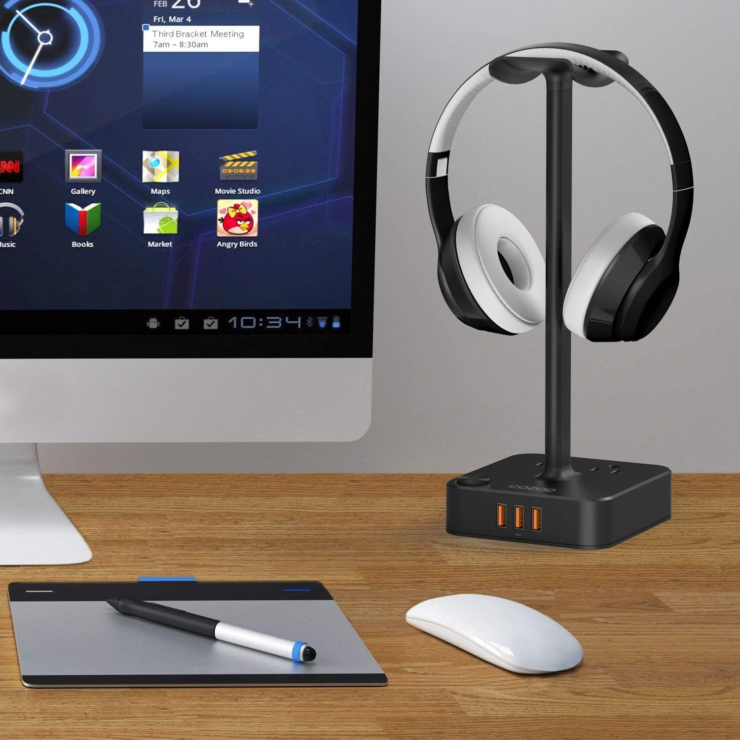 Headphone Stand with USB Charger COZOO Desktop Gaming Headset Holder Hanger with 3 USB Charger and 2 Outlets - Suitable for Gaming, DJ, Wireless Earphone Display (Black): Electronics