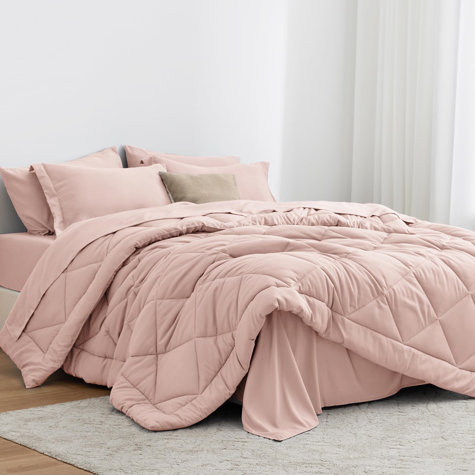 Love's cabin California King Comforter Set Pink, 7 Pieces California King Bed in a Bag, All Season Bedding Sets with 1 Comforter, 1 Flat Sheet, 1 Fitted Sheet, 2 Pillowcase and 2 Pillow Sham Image