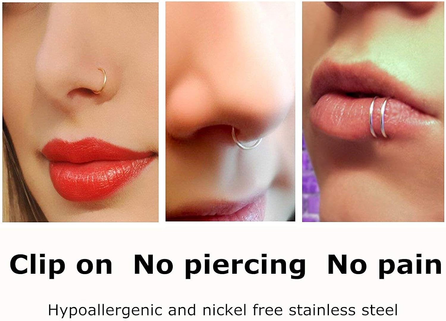 JFORYOU 6 Pieces 316L Steel Nose Ring Nose Hoop Fake Nose Ring Piercing Body Jewelry,Silver Rose Gold Black,20 Gauge 8mm - Image 5