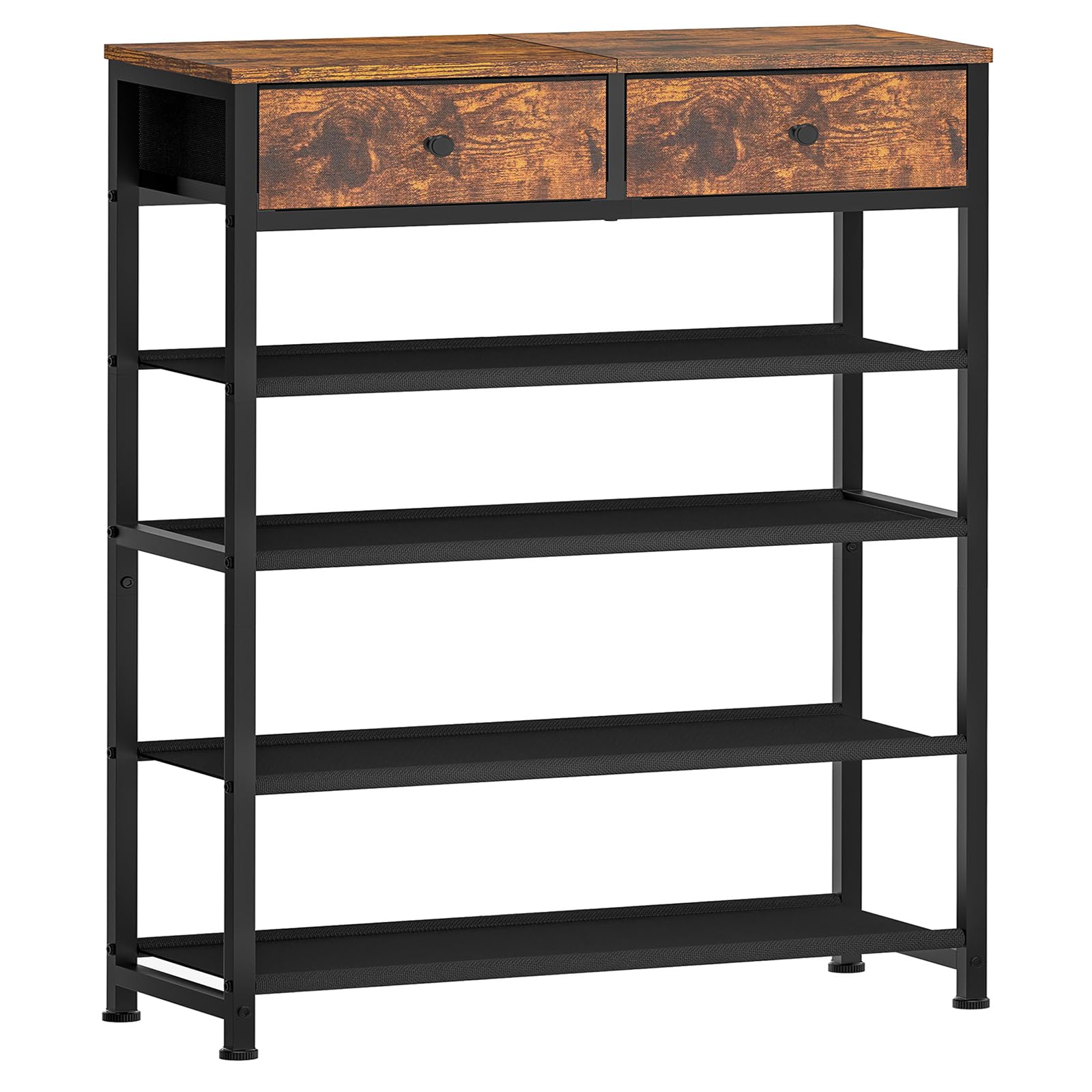 Photo 1 of usikey Shoe Rack, 5 Tier Shoe Storage Organizer with 2 Drawers, Metal Shoe Shelf for 12-16 Pairs of Shoes, with 4 Oxford Fabric Shelves and Wooden Top, Shoe Stand for Closet Entryway, Rustic Brown