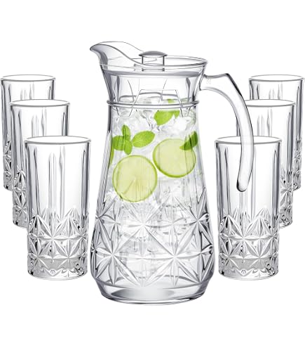 Amazon.com: Godinger Carafe Pitcher and Drinking Glasses Set, Acrylic  Shatterproof Water Pitcher Wine Decanter with 4 Wine Glasses Tumbler Cups -  Dublin Collection : Home & Kitchen