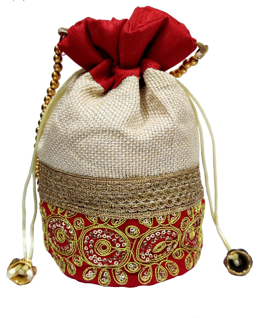 Purpledip Silk Potli Bag (Clutch, Drawstring Purse, Evening Handbag) For Women With Gold Embroidery, Red (11479)