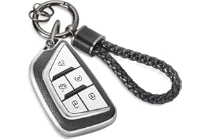CTRINEWS for Cadillac Key Fob Cover with Metal Braided Rope Keychain, Upgraded TPU Surface Grain Case for 2020-Up CT4 CT5 CT6 XTS XT4 XT5 ATS (5 Buttons) Fob Shell (Silver, B1)