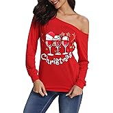 Kocowoo Women's Sexy Off Shoulder Christmas Print T-Shirt Long Sleeve Holiday Merry Xmas Tunic Tops