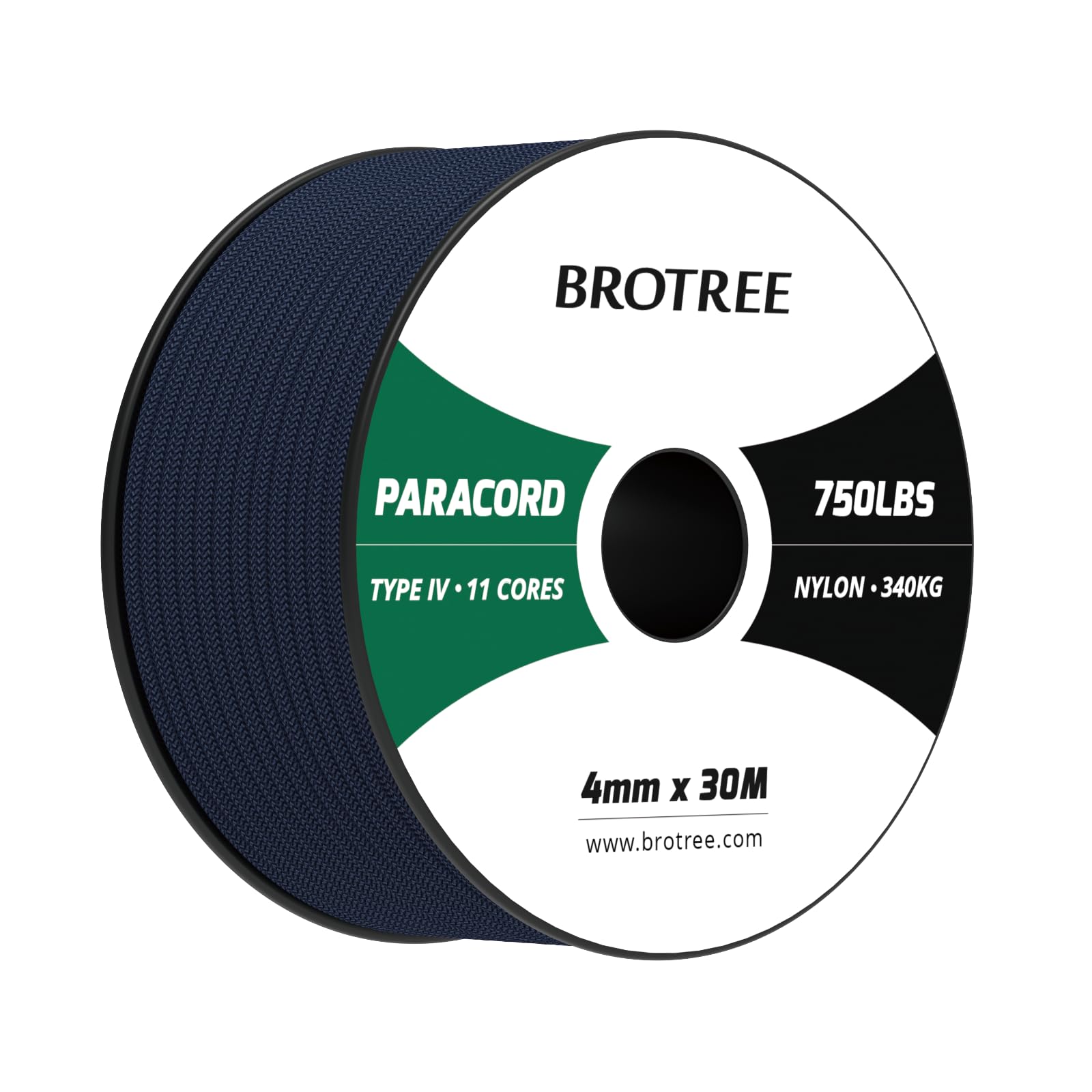 Brotree Paracord 4mm 30M 100% Nylon Rope 11 Strands 750lb Parachute Cord Type IV for Survival, Outdoor and DIY - 340kg Breaking Load (Navy Blue)