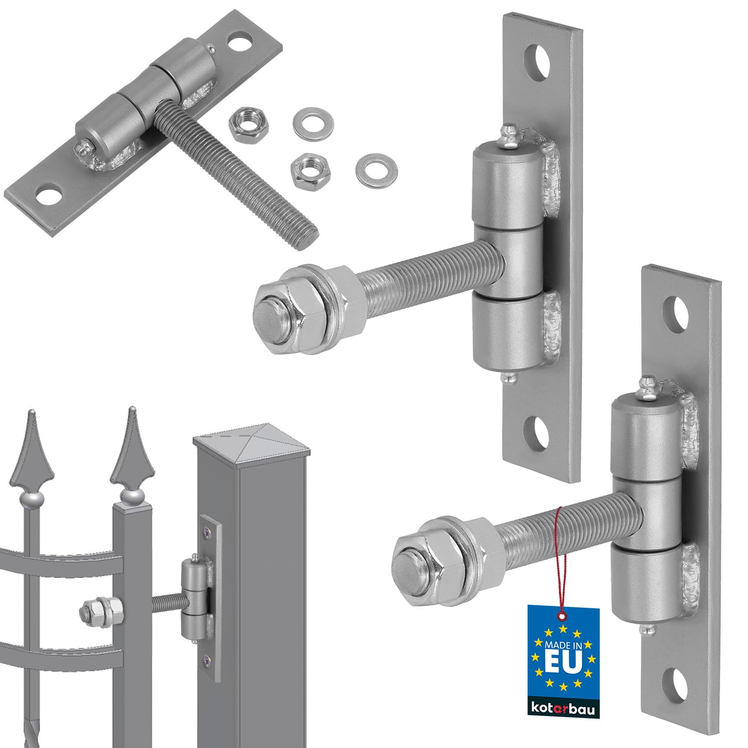 KOTARBAU Set of 2 gate hinges with mounting plate and grease nipples, adjustable for doors, gates, robust construction, diameter 16 mm