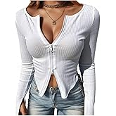 Fisoew Womens Long Sleeve Tops Ribbed Crop Top Double Zip Up Cardigans V Neck Sweater Shirts Fall and Winter 2024