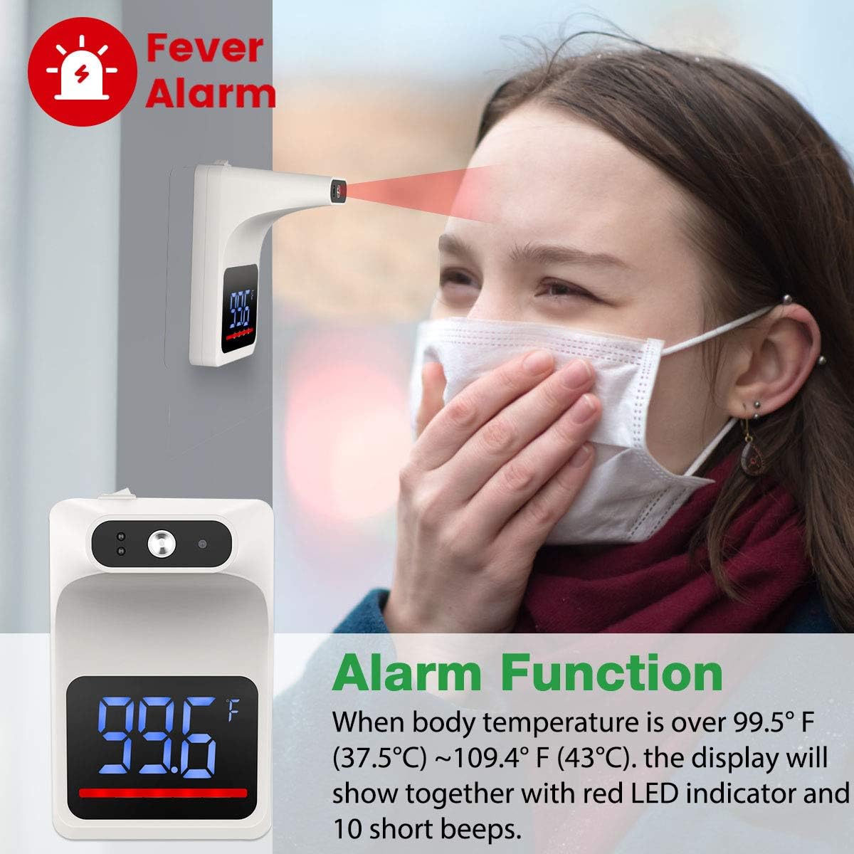 GEKKA Wall Mounted Infrared Forehead Thermometer for Adults, Non Contact Digital Wall Thermometer with LCD Display Fever Alarm Accurate Instant Reading for Offices, Schools, Factories: Industrial & Scientific