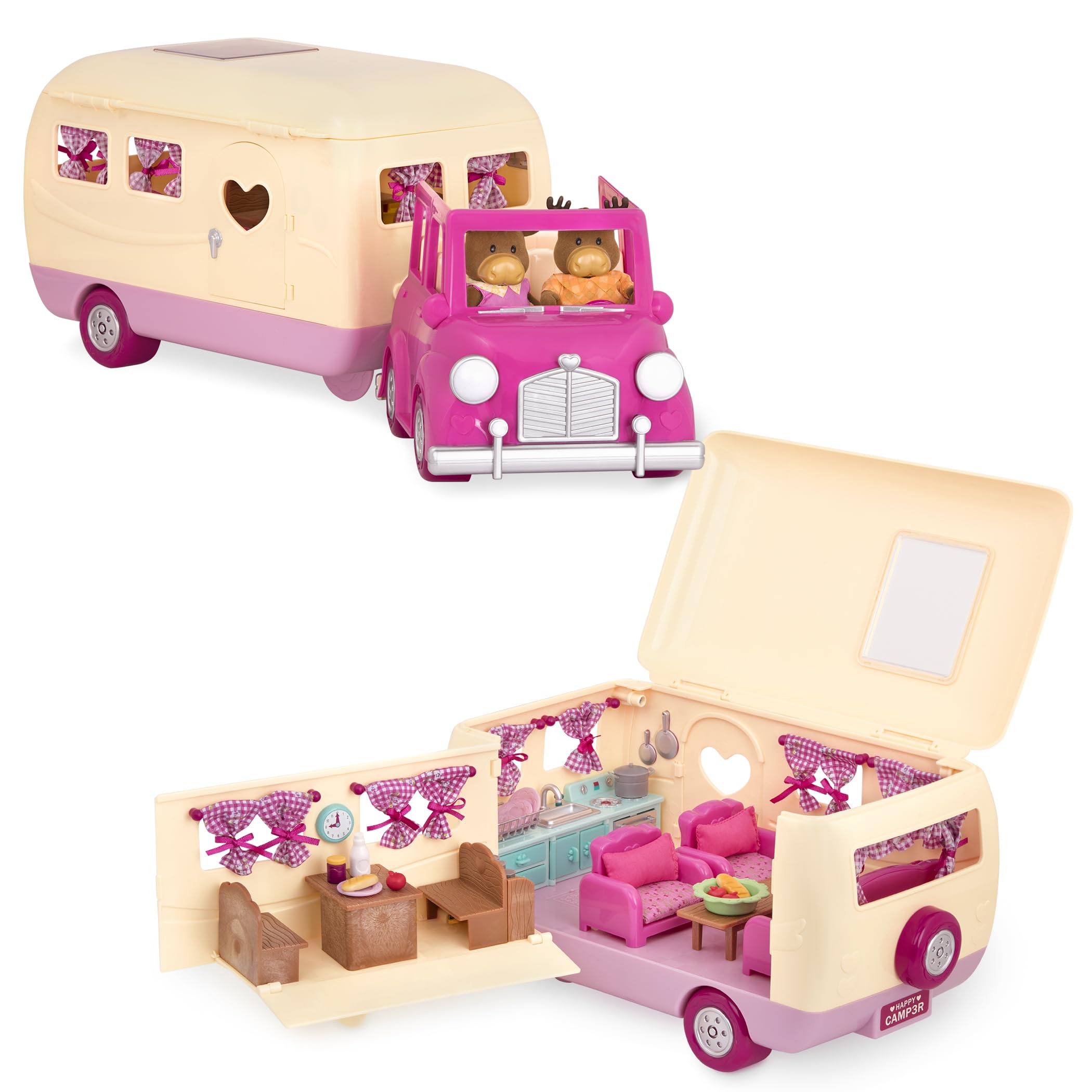 Li'l Woodzeez – Happy Camper Pink with Detachable Vehicle – 40 Pieces Dollhouse Playset with Furniture, Play Food & Kitchen Accessories for 3+ Years – Doll Figures Sold Separately