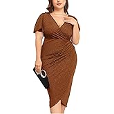 ZOMVA Plus Size 0X-4X Sparkly Glitter Ruched Bodycon Midi Dress Sparkle Sequin Wrap Ruffle Sleeve Dress Cocktail Party Formal