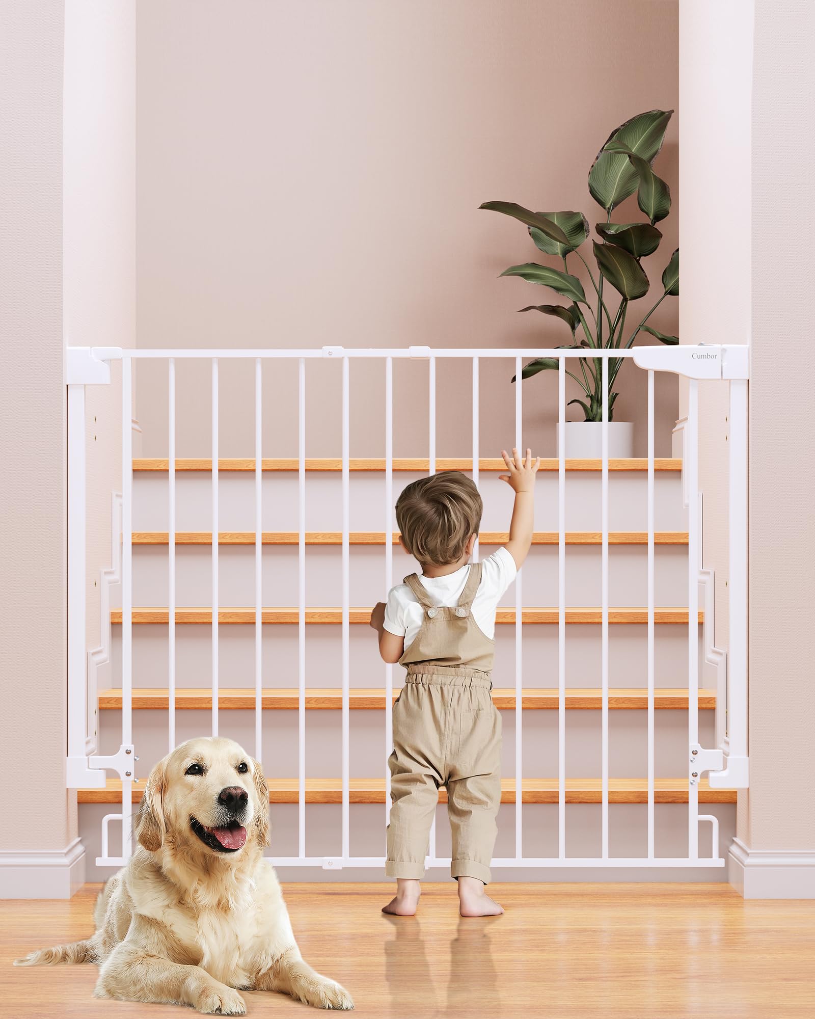 Photo 1 of Cumbor 34" Extra Tall No Bottom Bar Baby Gate for Stairs, Wall Mounted Dog Gate Indoor for Larger Pets, Expandable 29.2-43" Safety Gate for Doorways, Wide Walk Thru Door for Easy Access (White)