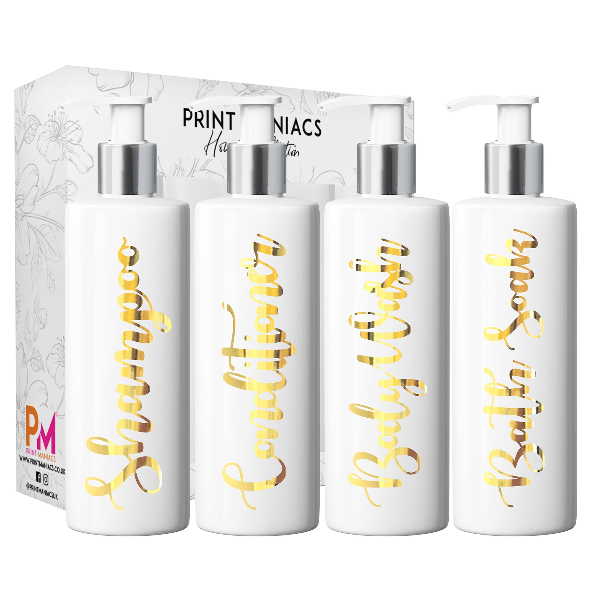 Print Maniacs Mrs Hinch Inspired White Personalised Pump Bottles Bathroom Kitchen Set Shampoo Conditioner (Gold)