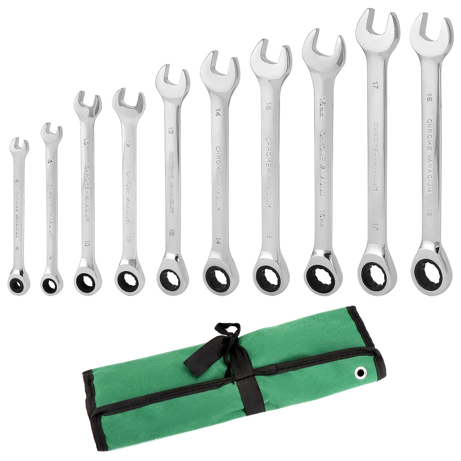 QWORK® 10 Pcs Ratchet Spanner Set, 8-19 mm Fixed Head Open Combination Spanner with Wrap Bag, Wrench Set