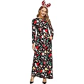 Christmas Womens Maxi Long Sleeve Empire Waist Ugly Round Neck 3D Print Dress Xmas Santa L