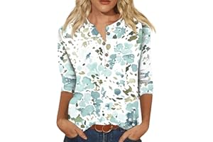 AMOBER Women's 2024 Summer Henley V Neck Button Up Tunic Ladies Loose Fit Tops Flowy 3/4 Sleeve Basic Blouse Tops