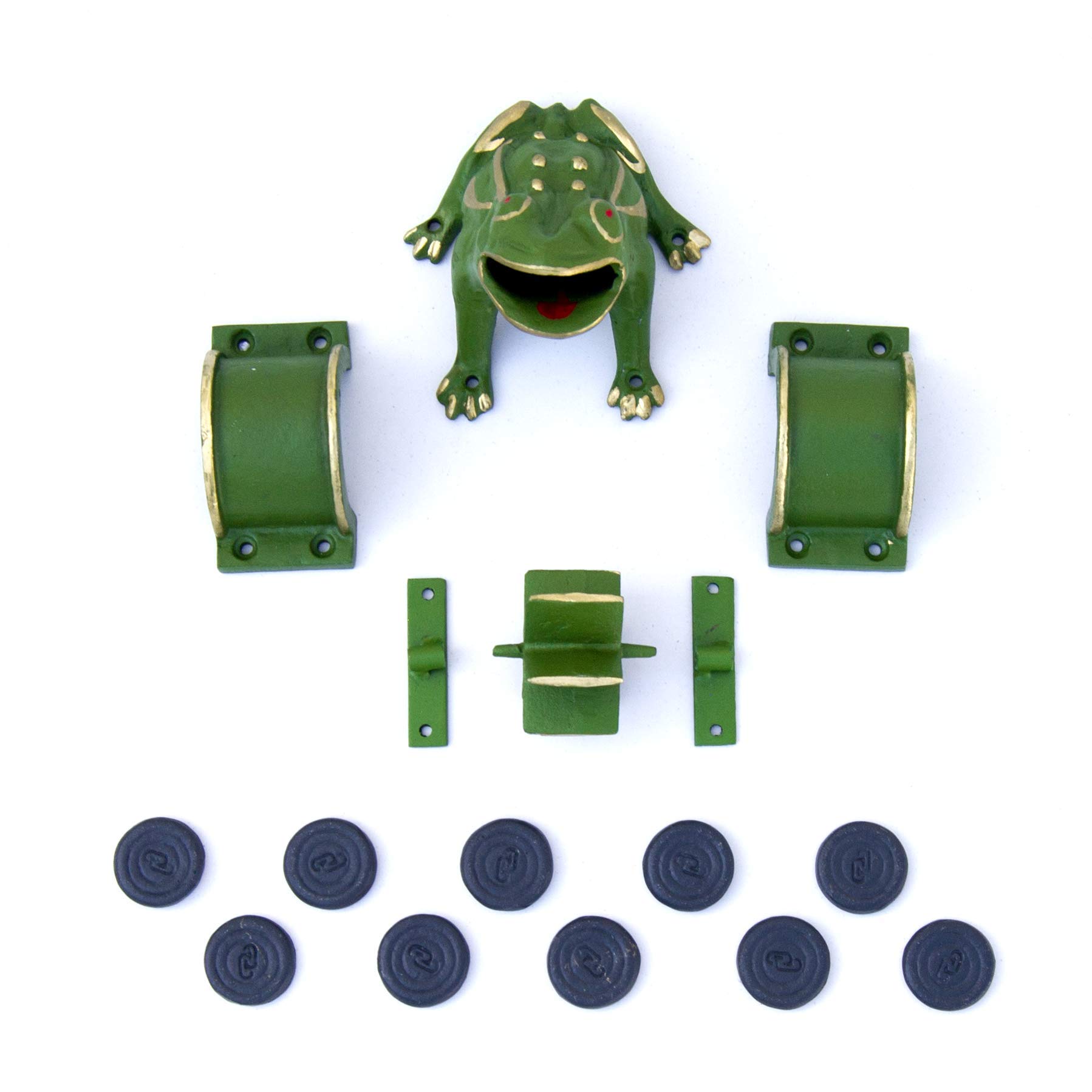 CADENAS ® - Frog Game / Sapo Game/ Toad in the Hole Game “Complete” cast iron: 1 Frog / Sapo , 2 Bridges, 1 Mill , 2 Fasteners y 10 Tokens.