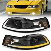 ELH LED DRL SEQ Headlight Assembly Fiy For 1999-2004 Ford Mustang | 1999 2000 2001 2002 2003 2004 99 00 01 02 03 04 Ford Mustang Headlamp Black Housing Amber Reflector LED Projector