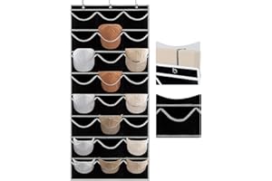 LoforHoney Home Hat Organizer for Baseball Caps with 24 Pockets, Over the Door Hat Rack for Baseball Caps, Hat Rack for Door with 3 Hooks, Hanging Hat Storage for Caps with Clear Pockets, Black