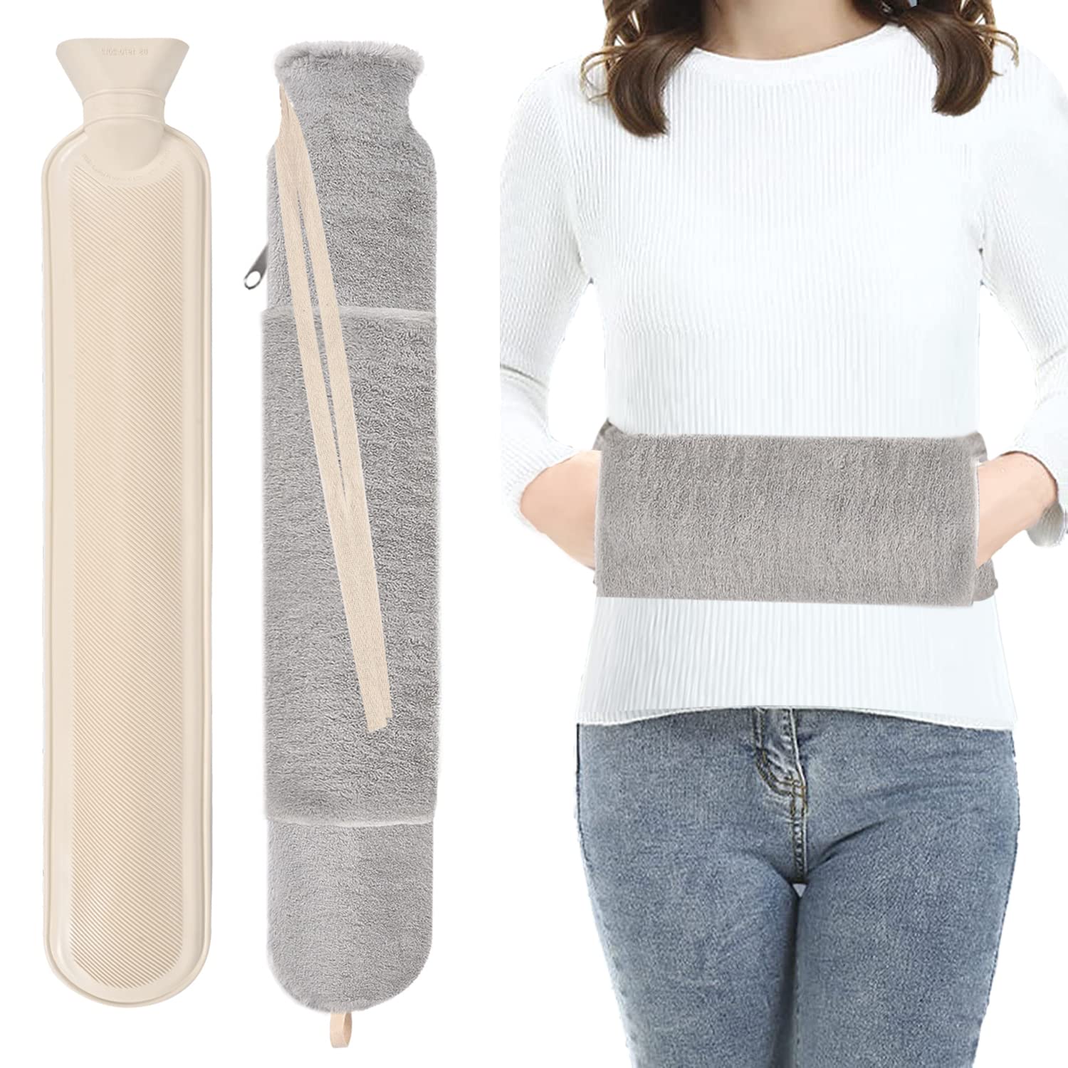 Hot Water Bottle - Long Hot Water Bottle with Cover,2L Large Rubber Hot Water Bottles with Hands Pocket & Zipper, Extra Big Wearable Body Hot Water Bag with Strap for Relief Pain,Winter Gift for Women