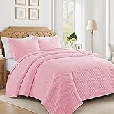 Lavsiry Pink Quilt Queen Size with Striped Pattern, Lightweight Soft Summer Thin Microfiber Bedspread & Coverlet Bedding Set for All Seasons - 3 Piece(1 Quilt, 2 Pillow Shams)