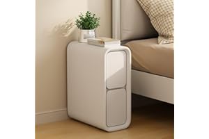 KASLANDI Narrow Nightstand with Drawers - Solid Wood Nightstand with Leather Surface, Small White Bedside Table for Bedroom