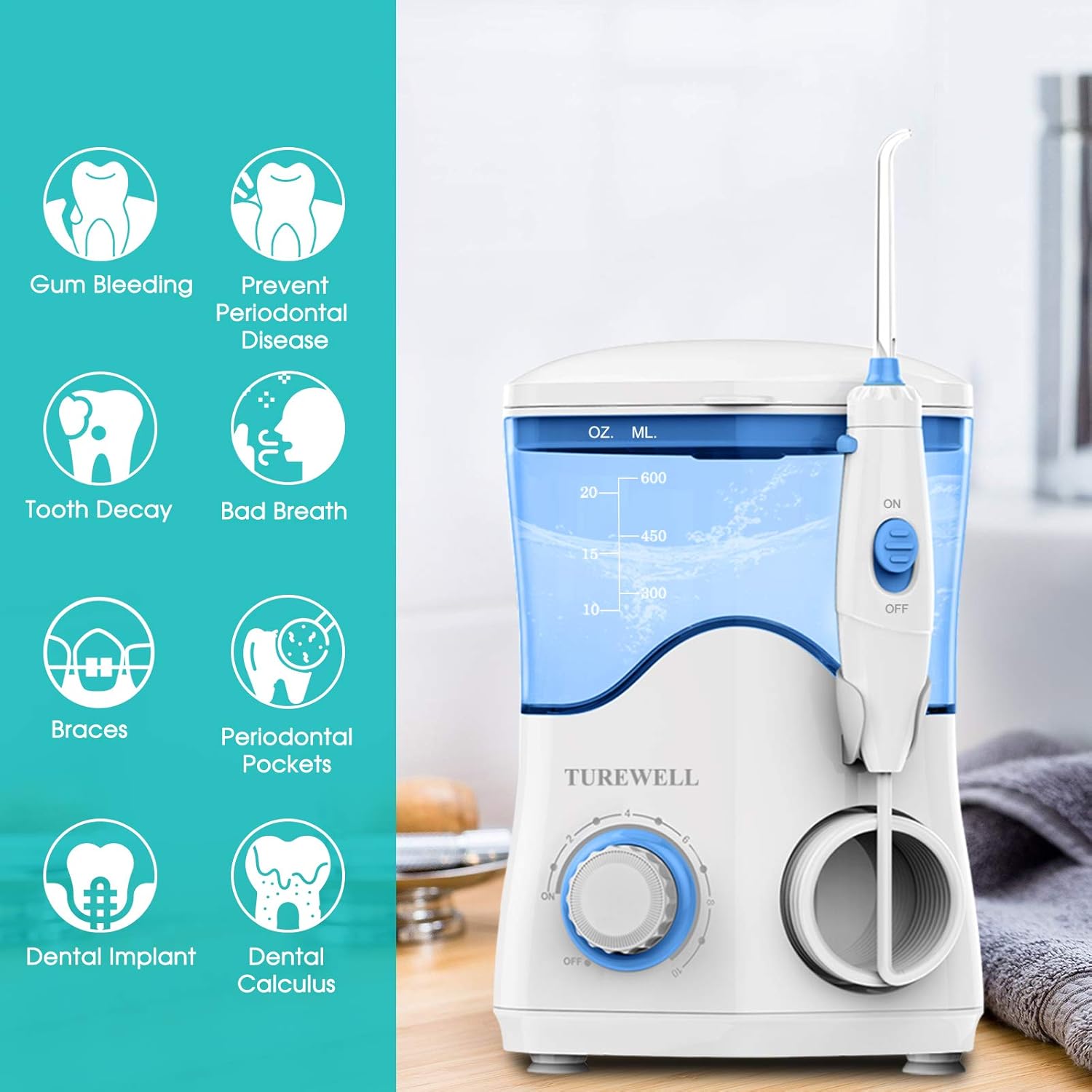 Water Dental Oral Irrigator for Teeth/Braces,10 Pressure Levels Water Teeth Cleaner 8 Water Jet Tips for Family, 600ML Electric Dental Flosser Pick for Tooth Cleaning (White): Health & Personal Care