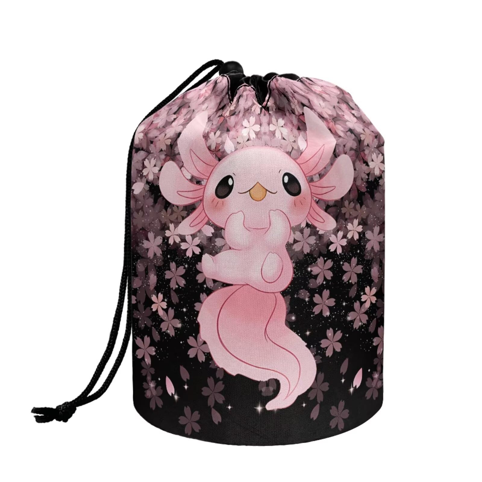 chaqlin Pink Axolotl Travel Cosmetic Bags Barrel Makeup Bag,Women Girls Portable Foldable Cases Multifunctional Toiletry Bucket Bags Round Organizer Storage Pocket