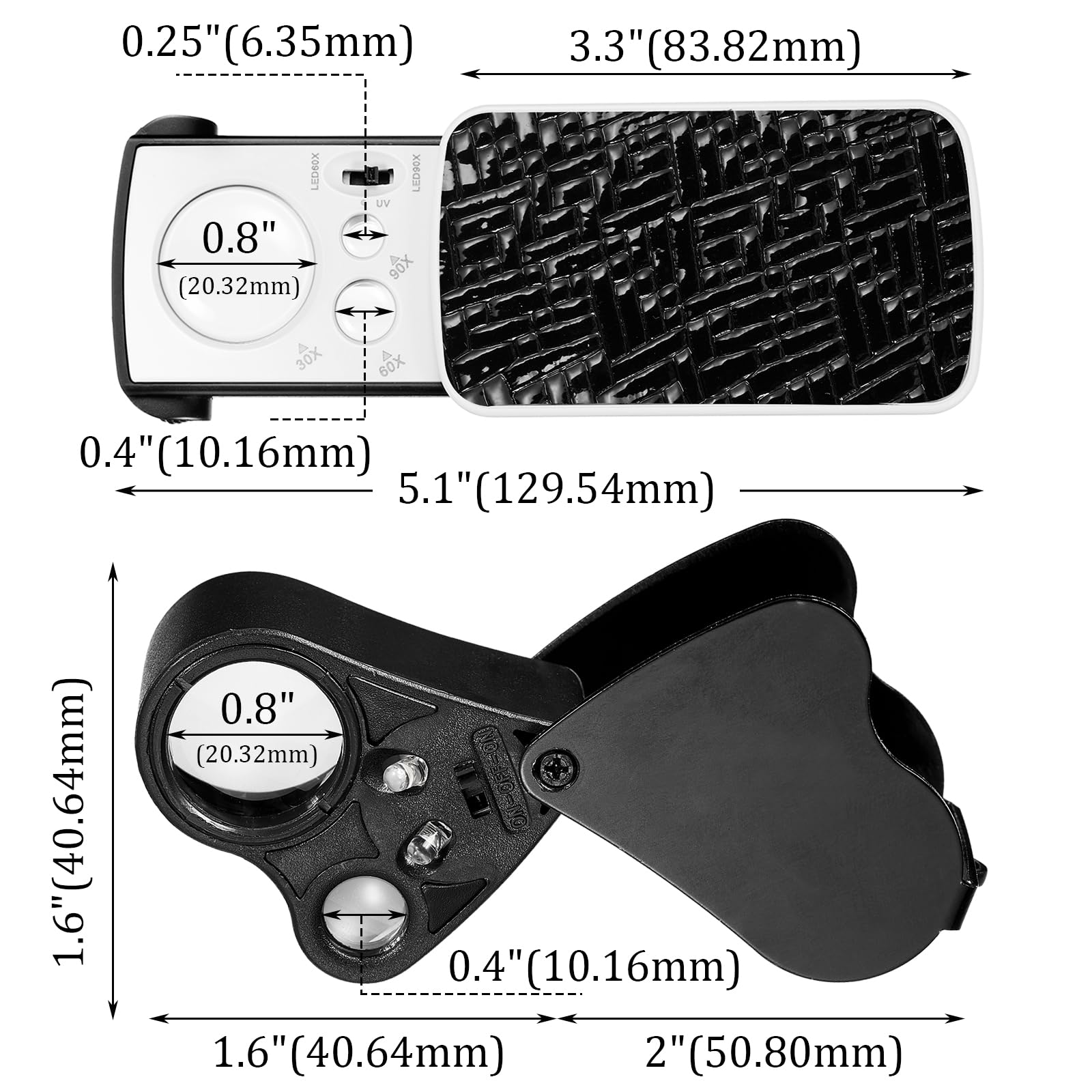 2 Pieces Jewelers Loupe 30X 60X 90X Illuminated Eye Loupe Magnifier Jewelry Magnifying Glass Loop with UV Black Light and Bright LED Light for Diamond Gem Coin Stamp Rock(Black)