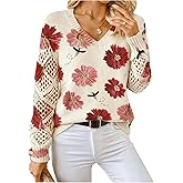 WDIRARA Women's Floral Sweaters V Neck Hollow Out Long Sleeve Pullover Knit Tops