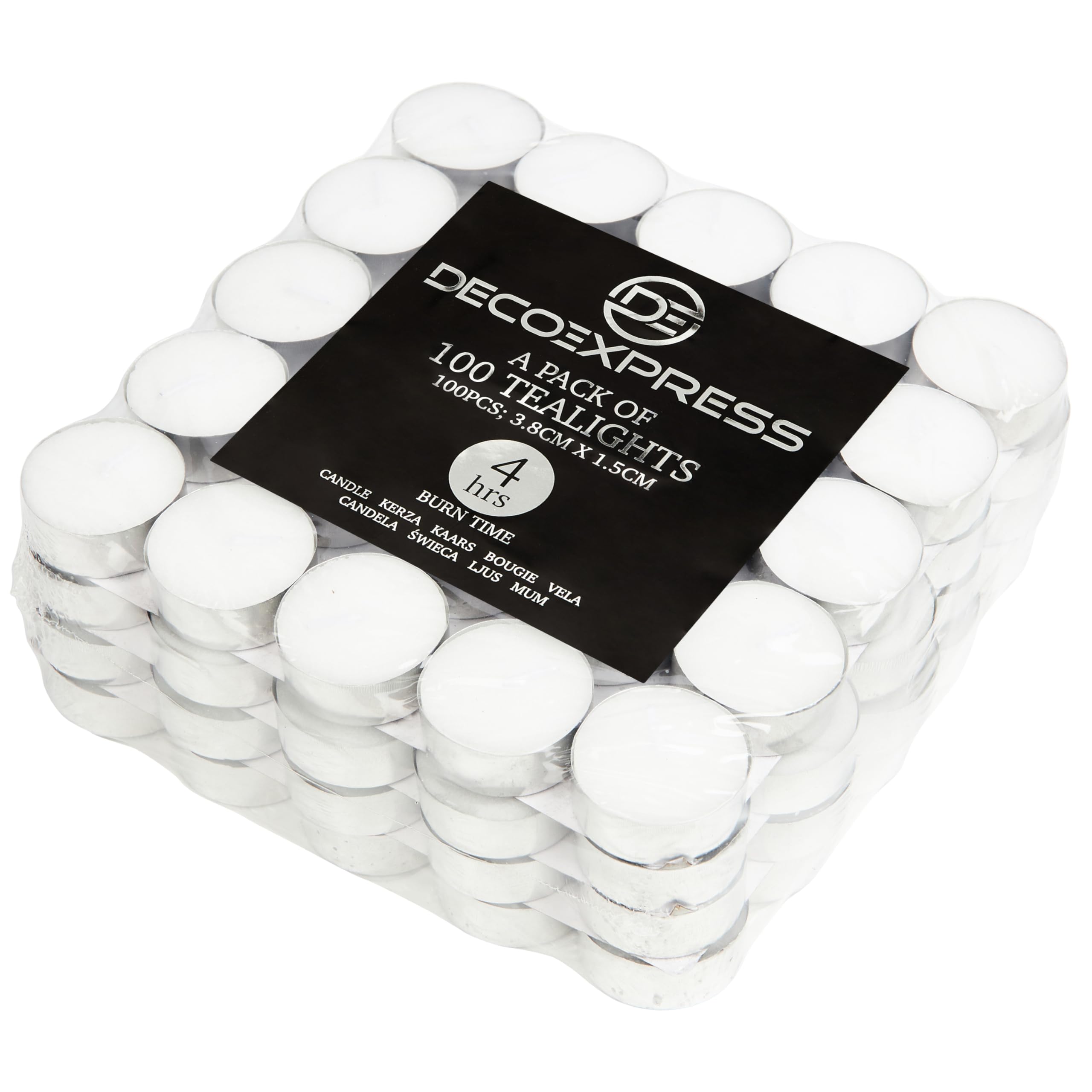 DECO EXPRESS Tealight Candles Multipack of 200, 100, 50, 25 or 24, Burning Time 4, 8 or 10 Hours - Tea Lights Candles (White 100/4 Hours)