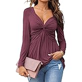 Tankaneo Women V-Neck Front Knotted Blouse Shirt Long Sleeve Elegant Casual T-Shirt Solid Color Pullover Tops