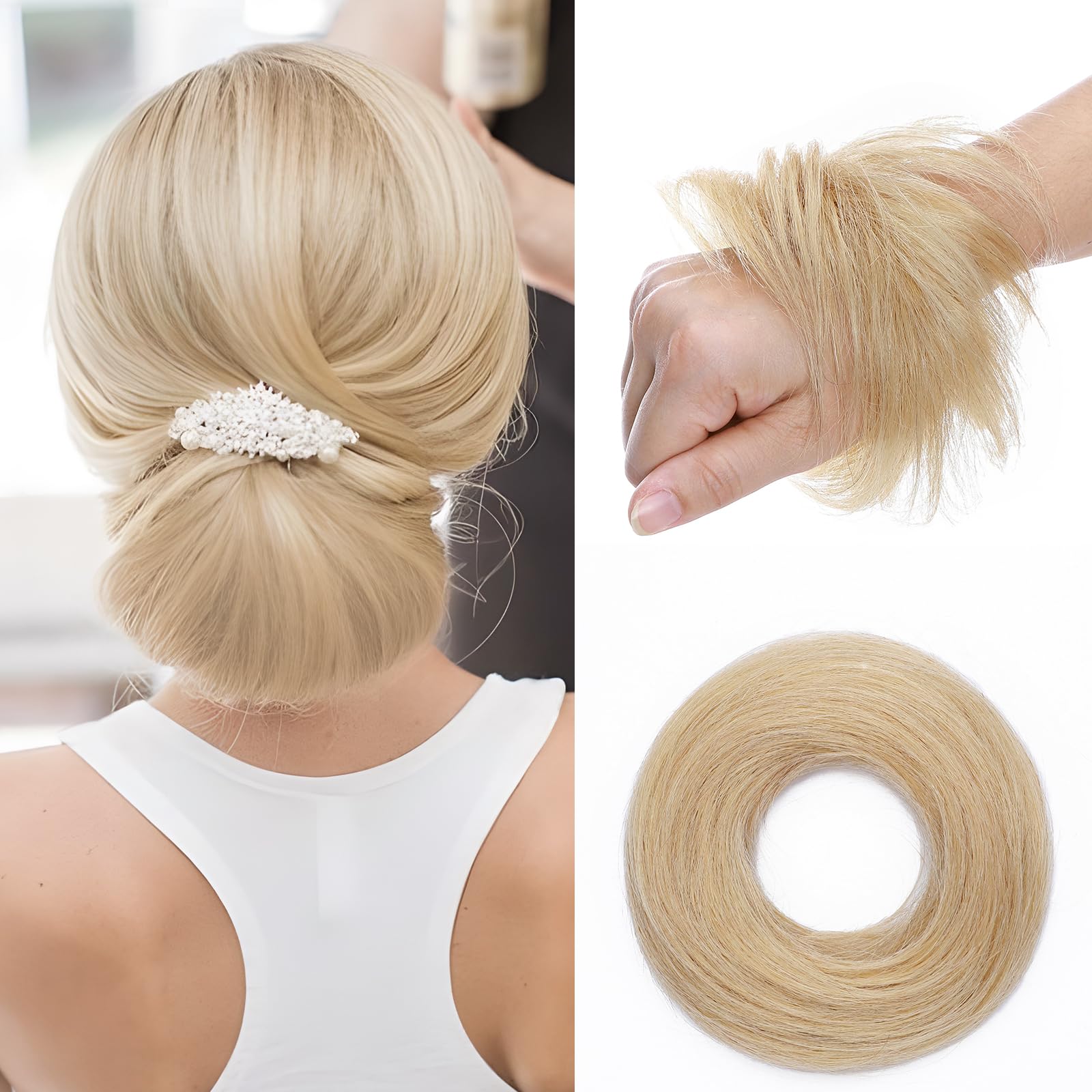 Elailite Hair Buns Scrunchy Updo Hair Piece Hair Extensions Donut Hair Chignons - 100% Real Remy Human VOLUMINOUS Straight Hair - #24 Natural Blonde โ image 1