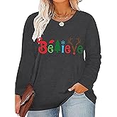 Plus Size Christmas Shirt Women Merry and Bright Long Sleeve Merry Christmas Long Sleeve Xmas T Shirts Tops