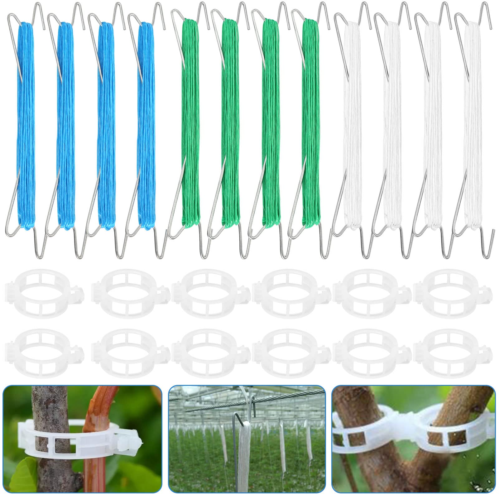 12 Tomato Support Hooks, Tomato Trellis Hooks Plant Growth Traction Rope Vine Tomato Holder Hook, Tomato J Hooks Tomato and Plant Support Garden Clips Vine Crop Trellis for Garden Vegetable, 33ft Rope