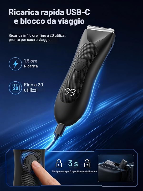 Rasoio Elettrico Corpo Uomo Impermeabile: Rasoio Parti Intime Uomo Ceramica Testine, Luce LED Rifinitura di precisione per Torace, Gambe, Ascelle, Display Digitale della Batteria e Blocco da Viaggio — foto 6 di 8