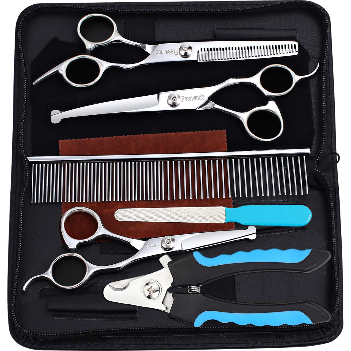 Freewindo Heavy-Duty Dog Grooming Scissors Kit, Safety Round Tip, Stainless Steel Scissors and Nail Clippers for Grooming Full Body