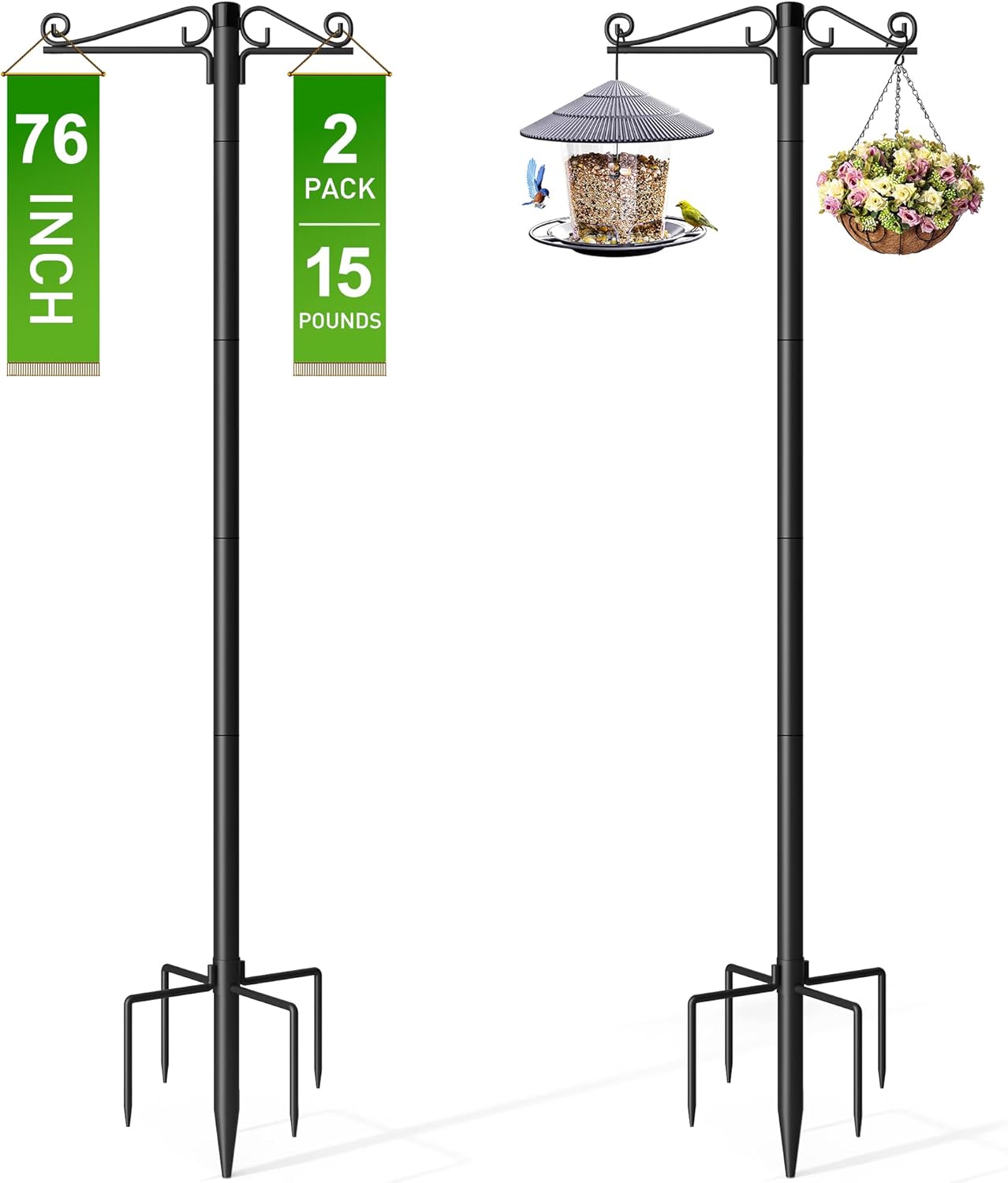 Outdoor Shepherd's Hooks - FEMOND Shepherds Hooks for Outdoor, 76 inch Bird Feeder Pole with 5 Prong Base,Heavy Duty Adjustable Garden Hanging Plant Hangers for Hummingbird Feeder, Plant Baskets, Solar Light Lanterns (2 Packs)