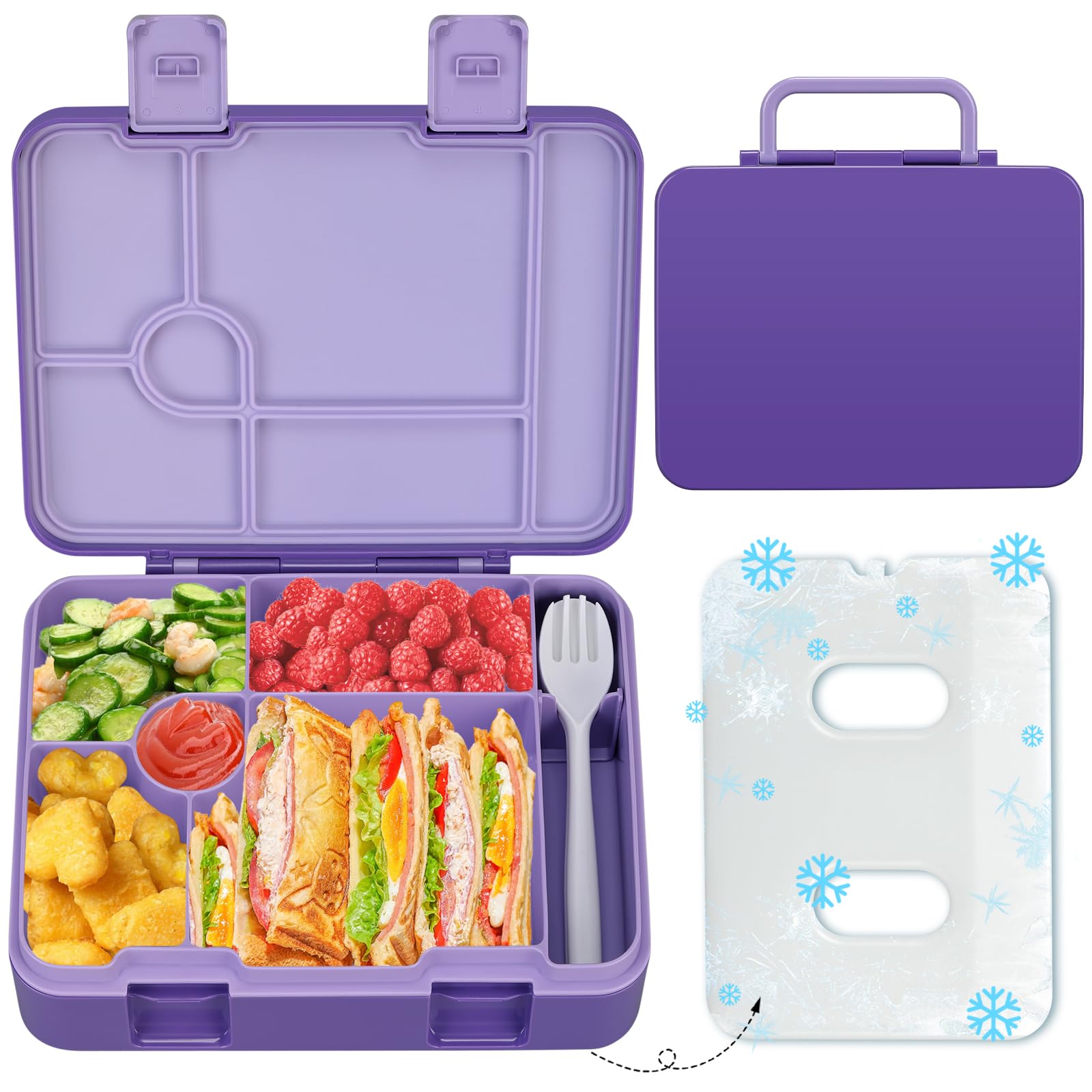 Photo 1 of Kids Bento Lunch Box with Ice Pack, 5 Compartments Leak-Proof Bento Box with Utensils, 5.5-Cup Capacity for Adults & Ages 8+, BPA Free, Microwave & Dishwasher Safe, Purple