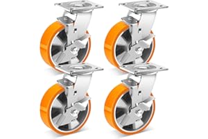 W B D WEIBIDA 6 Inch Industrial Grade Casters Set of 4, Heavy Duty Casters Wheels with Brake 5000 Lbs, Maintenance-Free Polyurethane on Aluminum Wheels, Plate Swivel Casters for Machine, Equipment